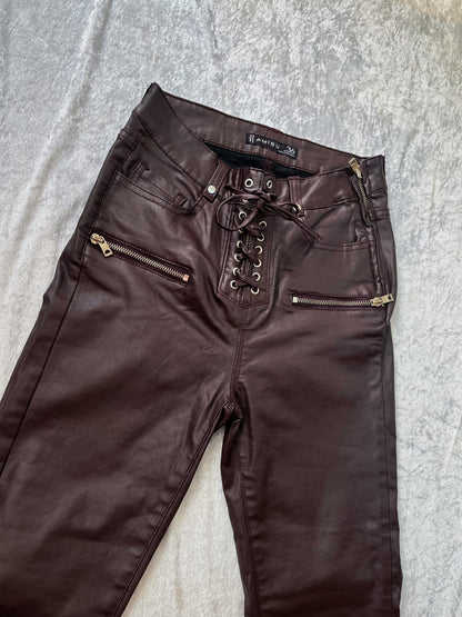 Alternative dark brown faux leather pants with lace-up details 🦇