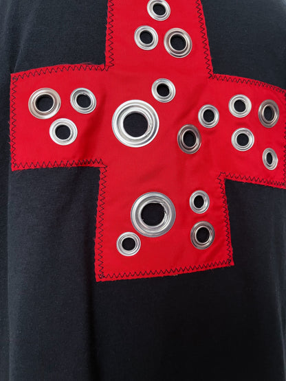 00’s punk reworked fruit of the loom tee with cross patchwork & studs details ✝️☠️