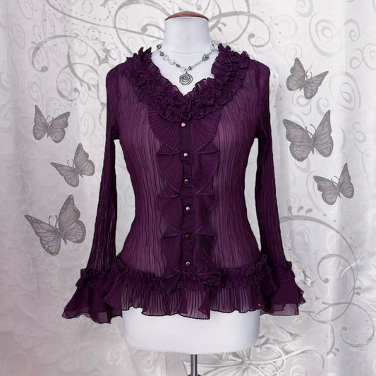 00’s whimsygoth plum ruffle mesh shirt 🔮🦋