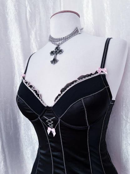 Gothic coquette black corset top with garters 🎀