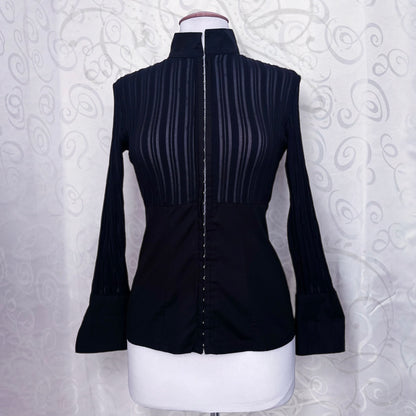 00’s Office Goth black shirt with sheer bustier striped detail 🕷️