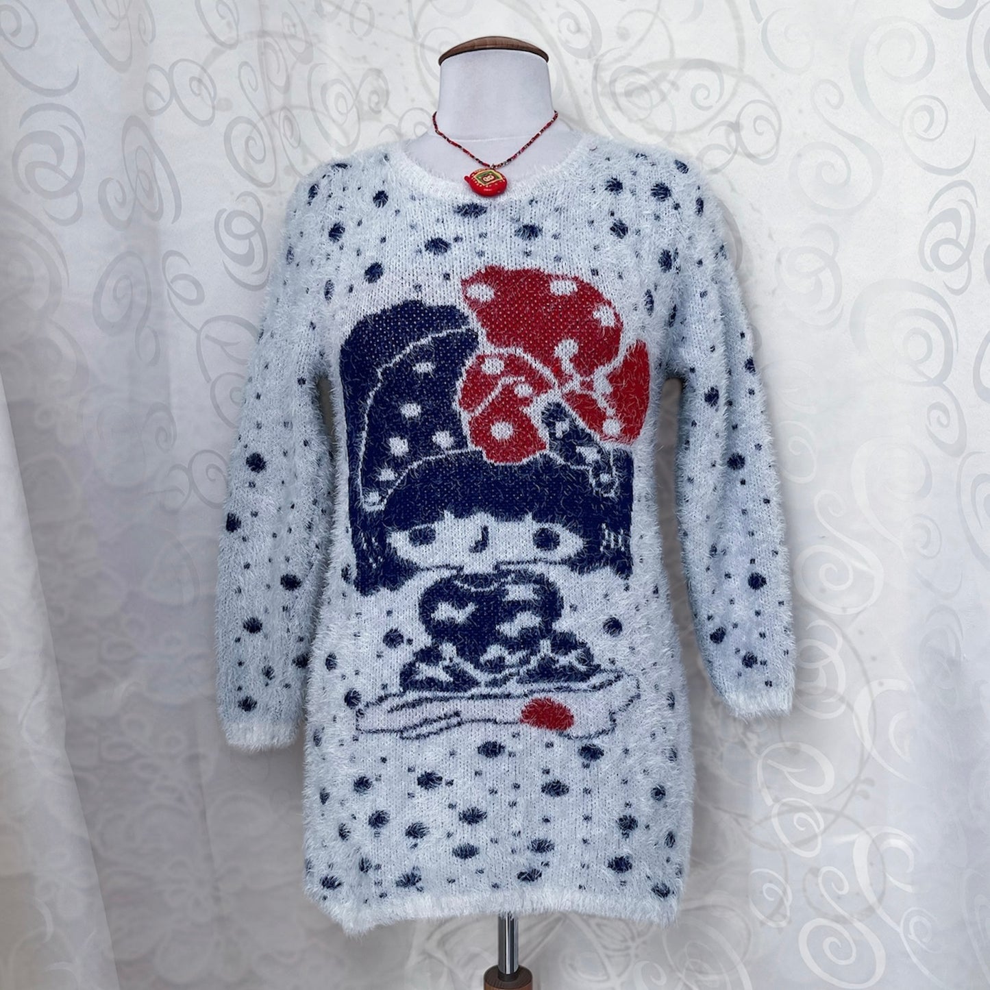 Cutest Twee faux fur polka sweater with little mushroom girl 🍄🍄‍🟫