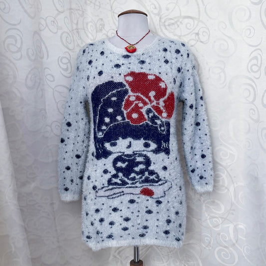 Cutest Twee faux fur polka sweater with little mushroom girl 🍄🍄‍🟫