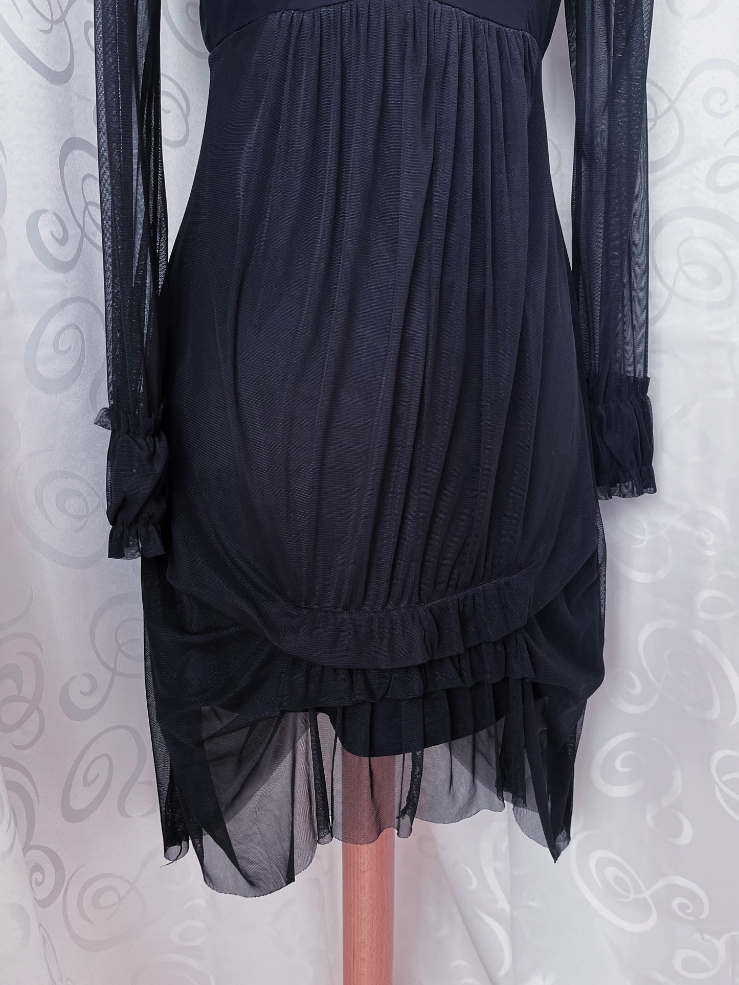 Whimsy mesh ruffle black dress with print detail 🚲