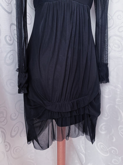 Whimsy mesh ruffle black dress with print detail 🚲