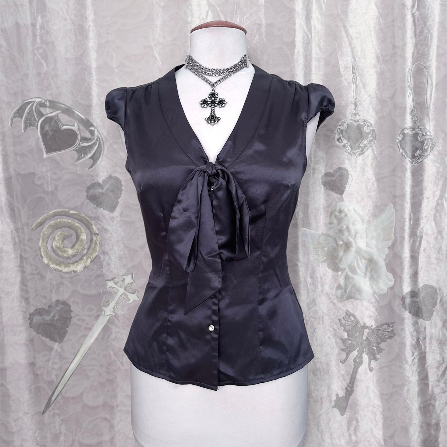 Dark Coquette saten grey shirt with bow detail 🌀🦇