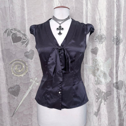 Dark Coquette saten grey shirt with bow detail 🌀🦇