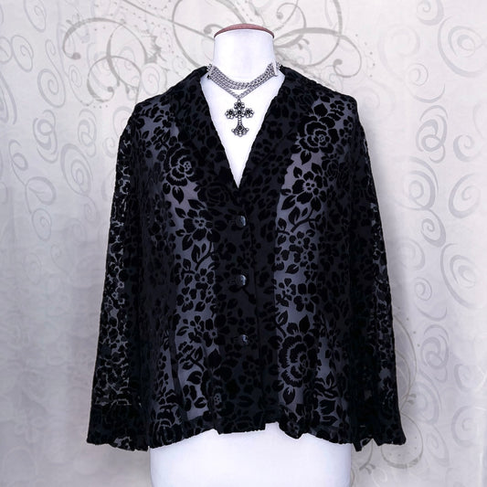 Vintage see-through gothic shirt with velvet embossed roses 🥀 🕸️
