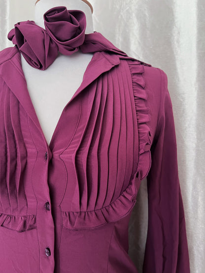 Gothic coquette bright purple shirt with ruffle detail & removable rose collar 🎀