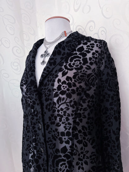Vintage see-through gothic shirt with velvet embossed roses 🥀 🕸️