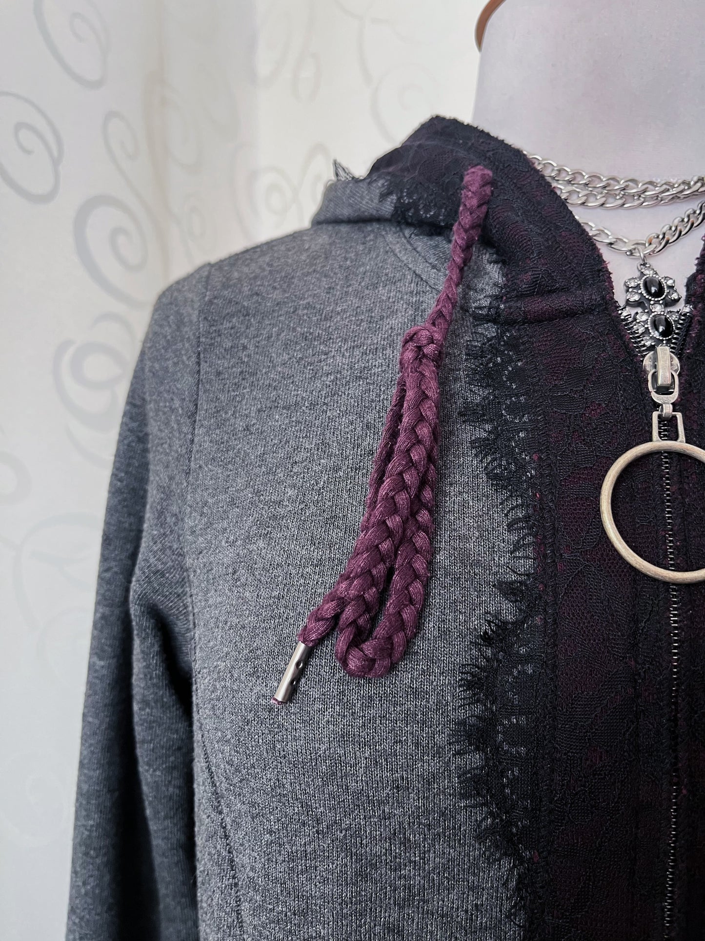 Whimsygoth light grey hooded jacket with beautiful lace details 💜🌀