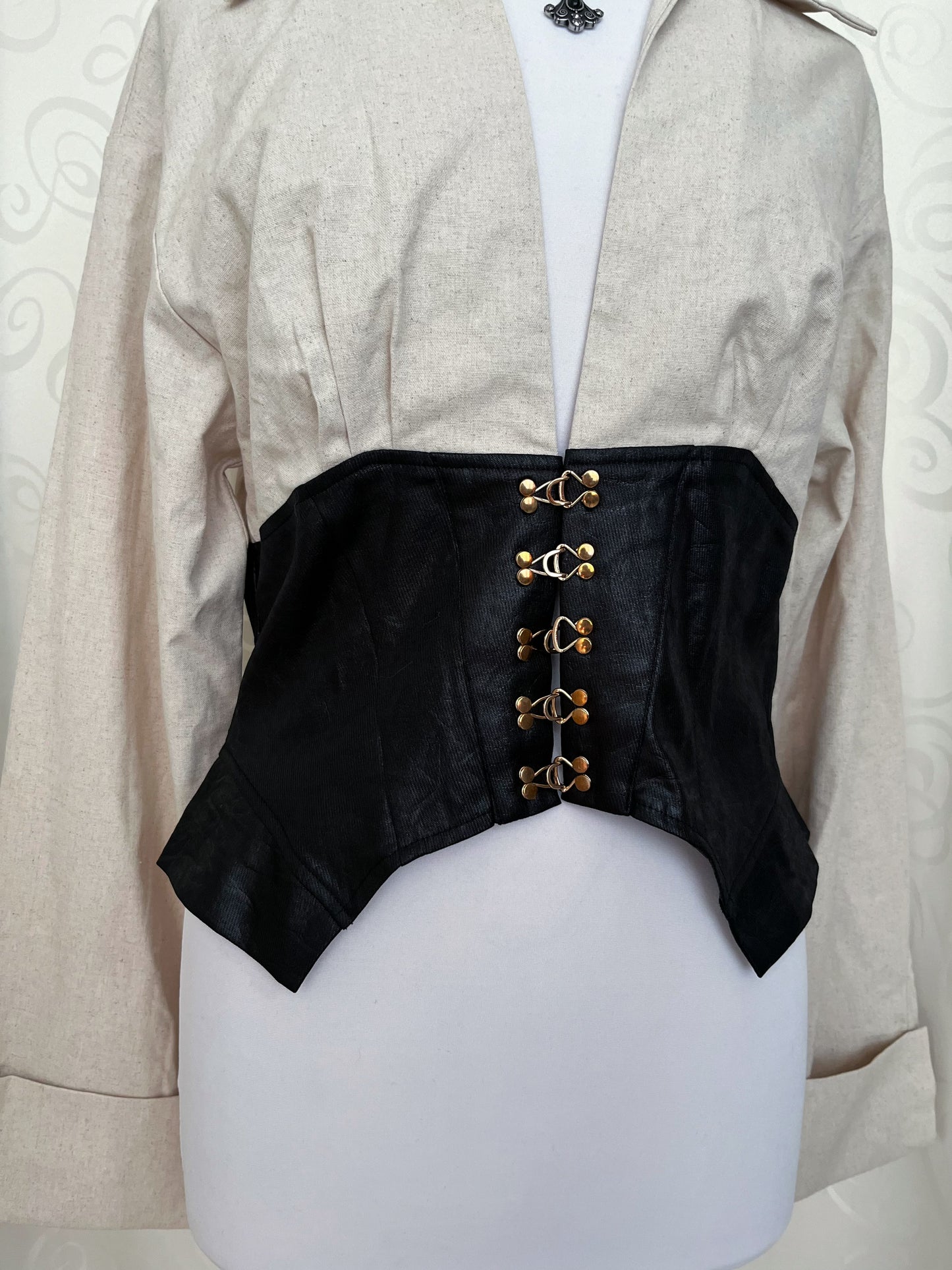 Modern gothic linen shirt with faux leather corset detail 🖤