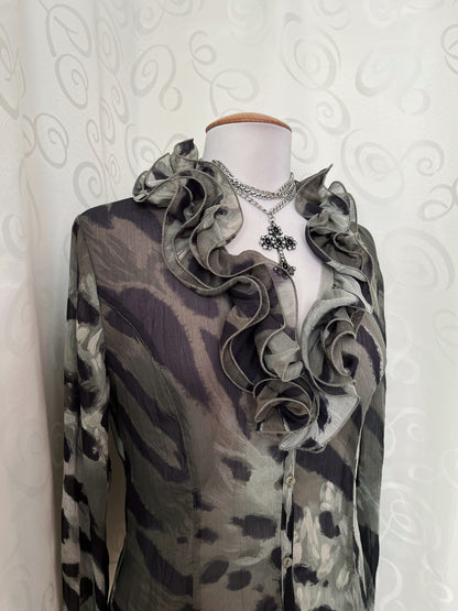 00’s whimsy fairy khaki mesh shirt with ruffle detail 🧚🏾