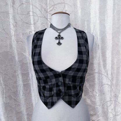 00’s Fishbone dark academia crop plaid vest 📓🌀