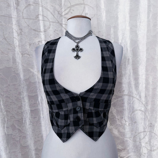 00’s Fishbone dark academia crop plaid vest 📓🌀