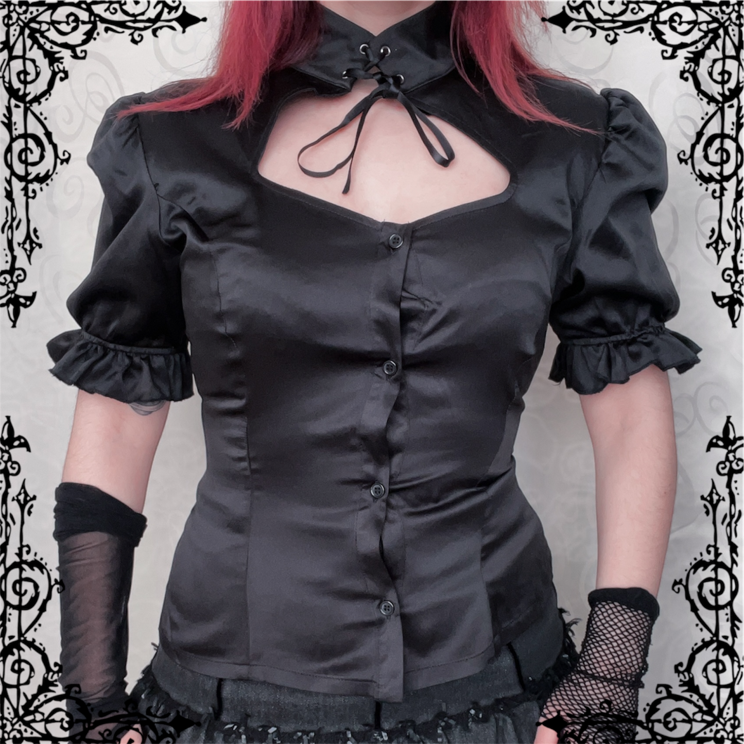 Dracula Gothic victorian style Short Sleeved Satin Keyhole Blouse 🖤🦇