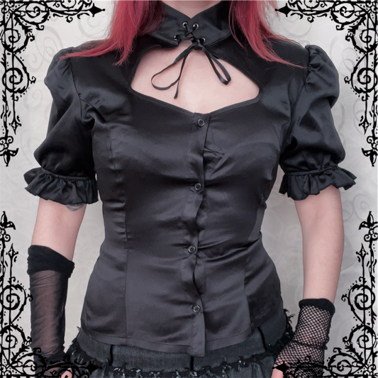 Dracula Gothic victorian style Short Sleeved Satin Keyhole Blouse 🖤🦇