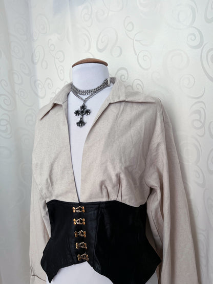 Modern gothic linen shirt with faux leather corset detail 🖤