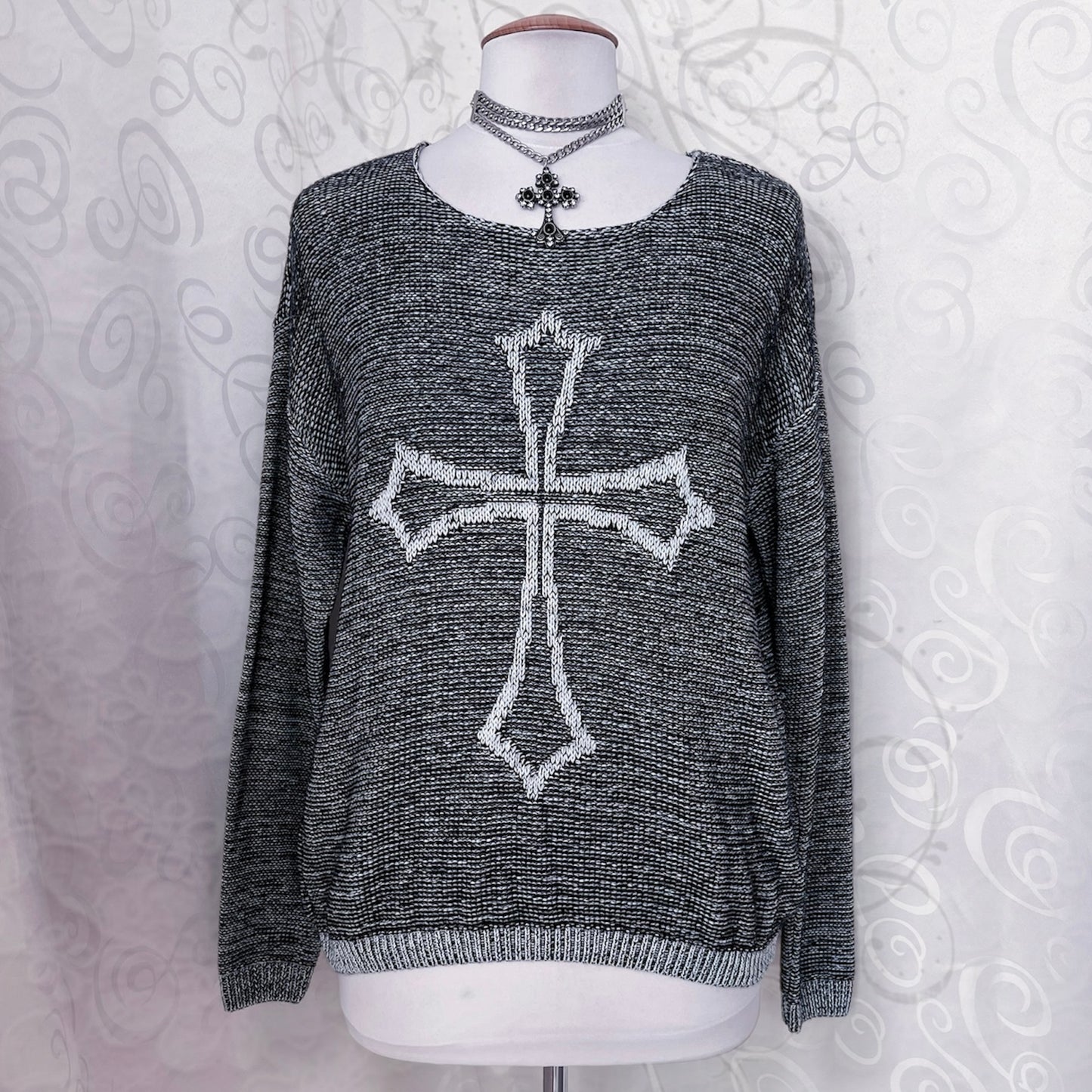 Gothic grey knit sweater with cross detail ✝️🦇