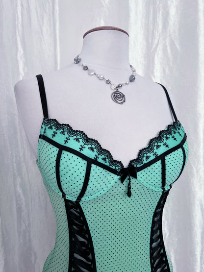 Iconic mint polka corset top with lace-up detail 🍵