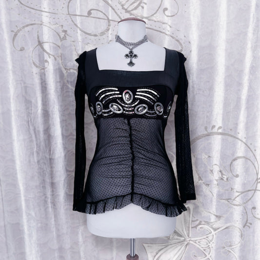 Whimsygoth lacey top with faux leather & sequin details 🦇🧚🏾