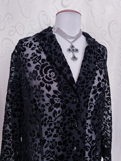 Vintage see-through gothic shirt with velvet embossed roses 🥀 🕸️