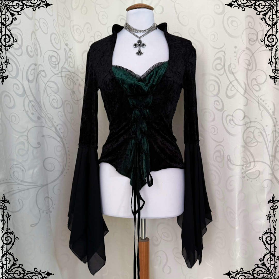 Deadstock Laughing Vampire Gothic crushed velvet victorian style top with bell mesh sleeves 🦇