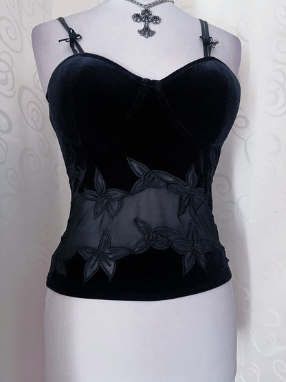 00’s Whimsygoth black velvet corset with mesh & embroidered detail 🖤🌀