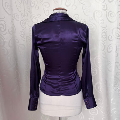 00’s Gothic purple satin shirt with ruffle details 💜