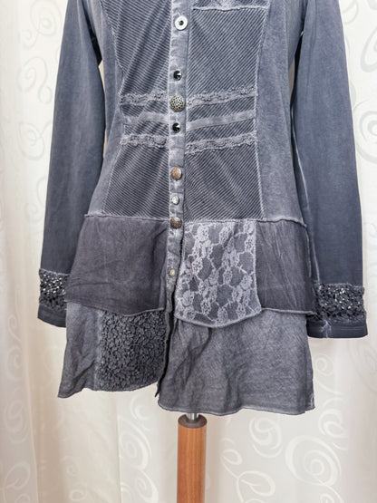 00’s whimsygoth patchwork grey jacket with lace details 🦇🗝️🦋