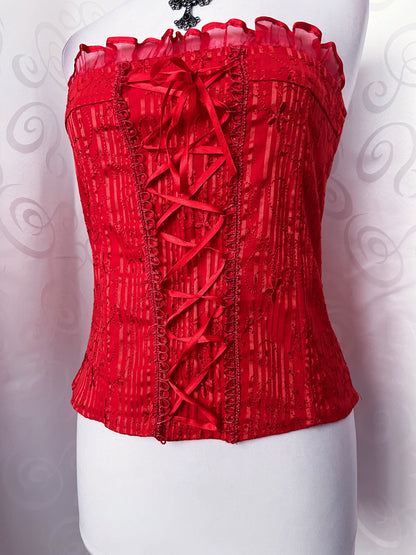 00’s vampire lace-up tube top with embroidered details ❤️🌀