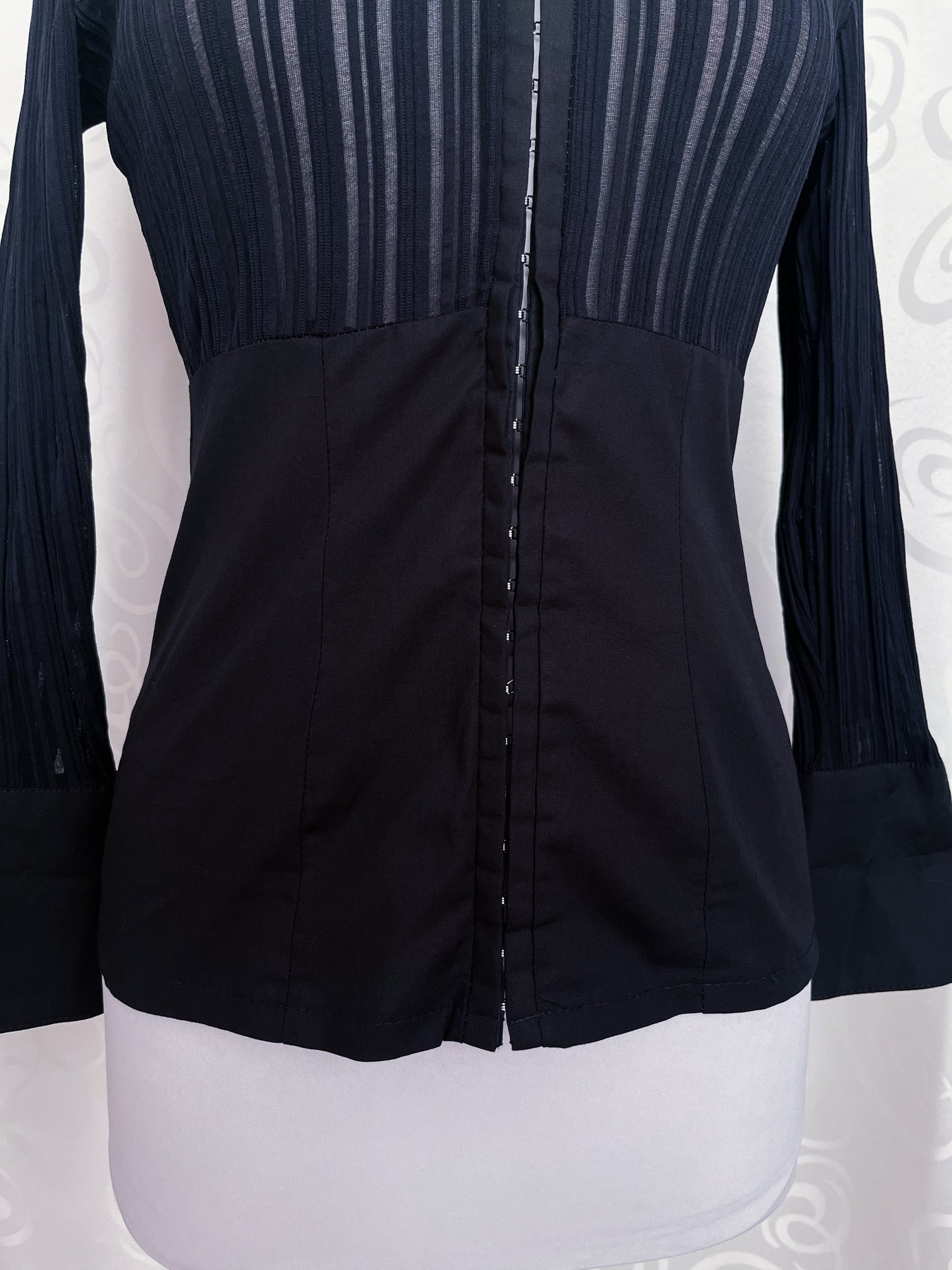 00’s Office Goth black shirt with sheer bustier striped detail 🕷️