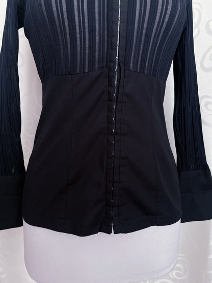 00’s Office Goth black shirt with sheer bustier striped detail 🕷️