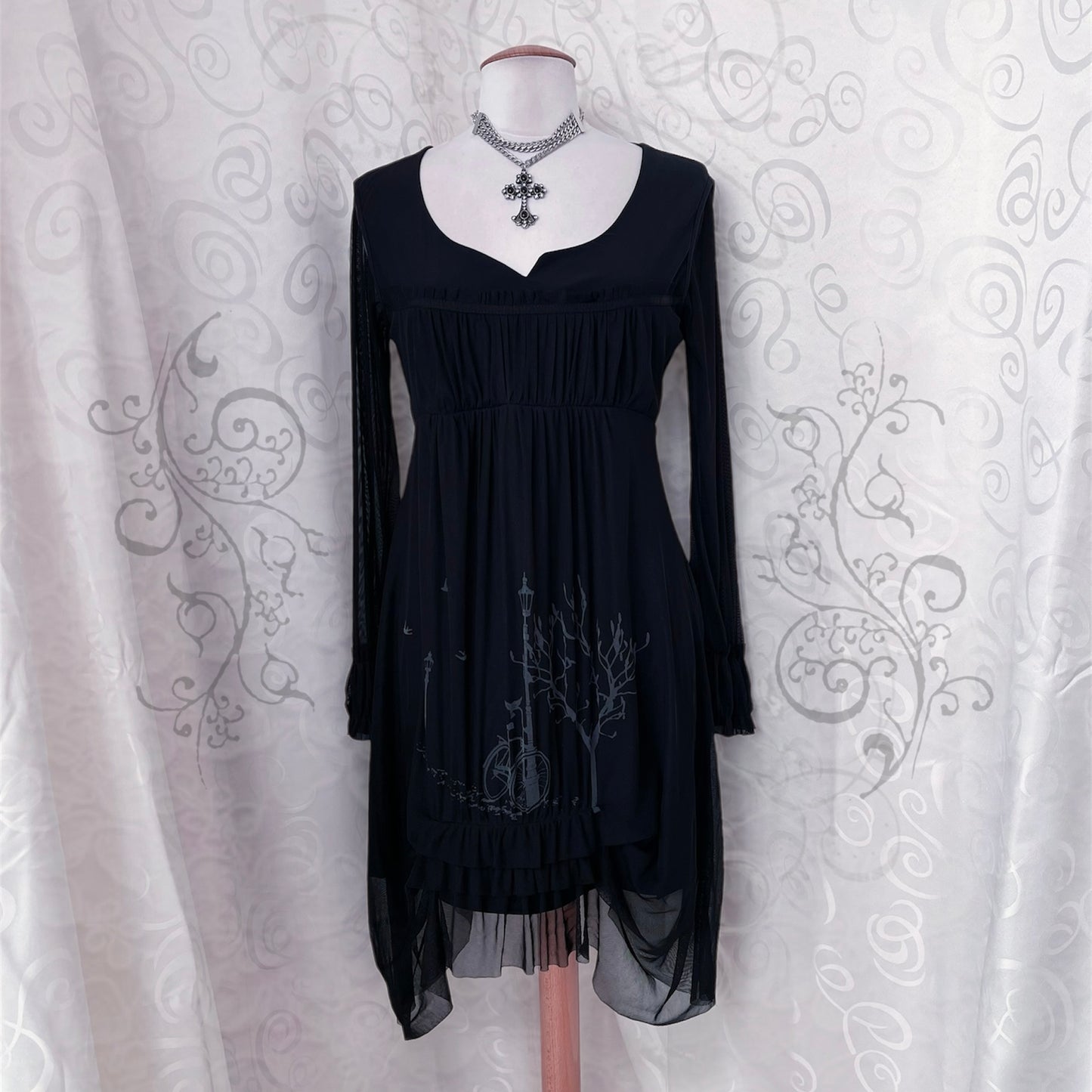 Whimsy mesh ruffle black dress with print detail 🚲