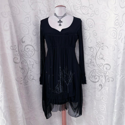 Whimsy mesh ruffle black dress with print detail 🚲