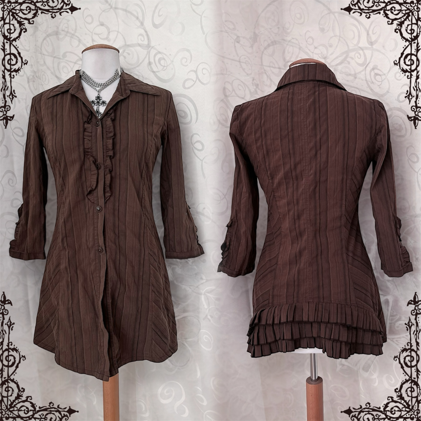 00’s Jirai Kei striped brown shirt with ruffles on the front & back 🐌