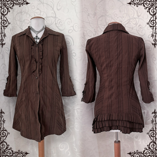 00’s Jirai Kei striped brown shirt with ruffles on the front & back 🐌