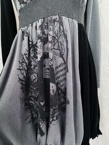 00’s whimsy/steampunk grey patchwork dress with print, beaded & charm details ⚙️🕷️