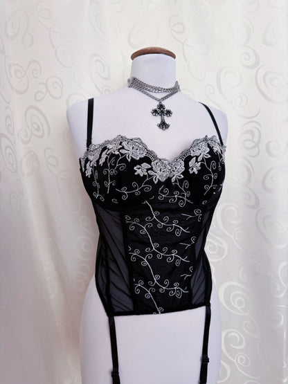 Whimsygoth mesh corset with spiral embroidered detail 🌀🗝️