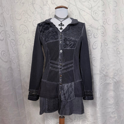 00’s whimsygoth patchwork grey jacket with lace details 🦇🗝️🦋