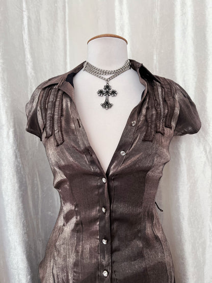Dark coquette shiny brown shirt 🎥
