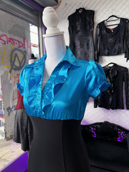 00’s Dark coquette/Jkei satin blue & black ruffle top 🌀🫐
