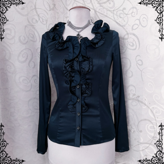 00’s Jirai Kei dark teal ruffle satin shirt 🌀🍃