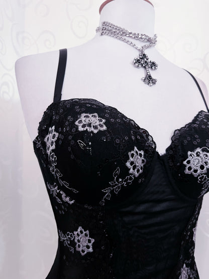00's fairy black mesh corset with embroidered details 🦷🗝