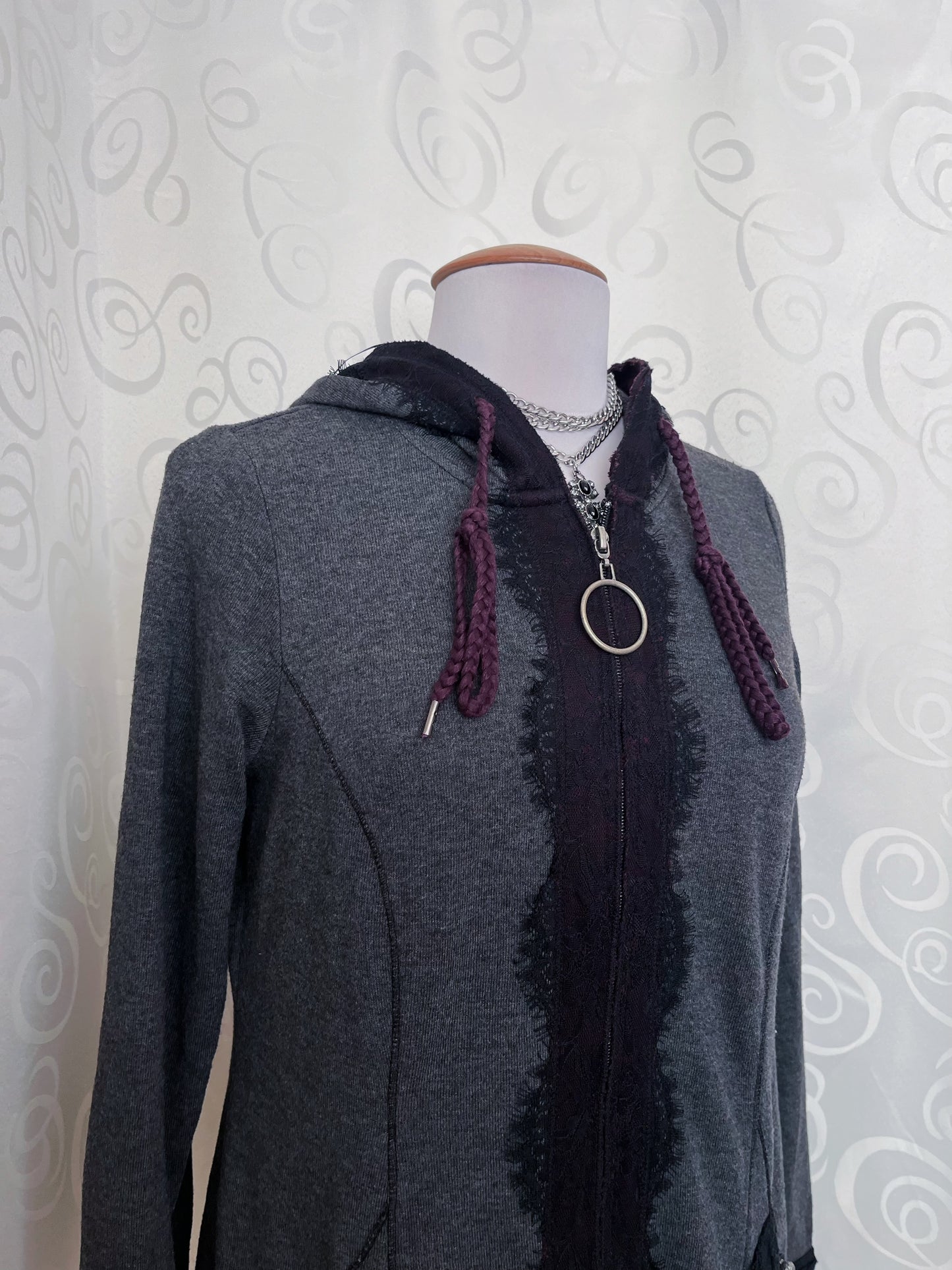 Whimsygoth light grey hooded jacket with beautiful lace details 💜🌀