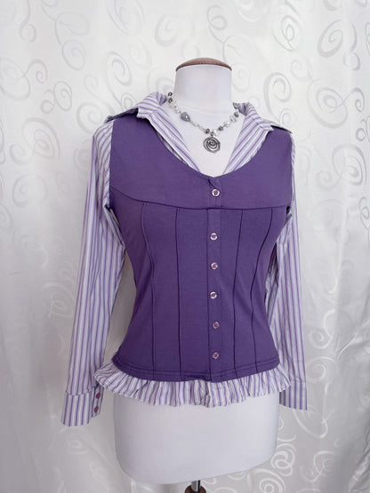 Cutest lilac striped shirt with purple vest detail 💜