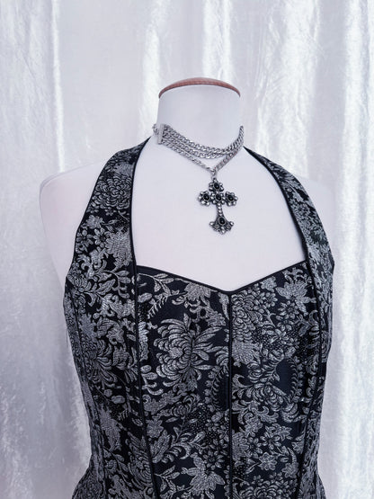Gothic halter silver corset with lace-up detail 🩶🦇