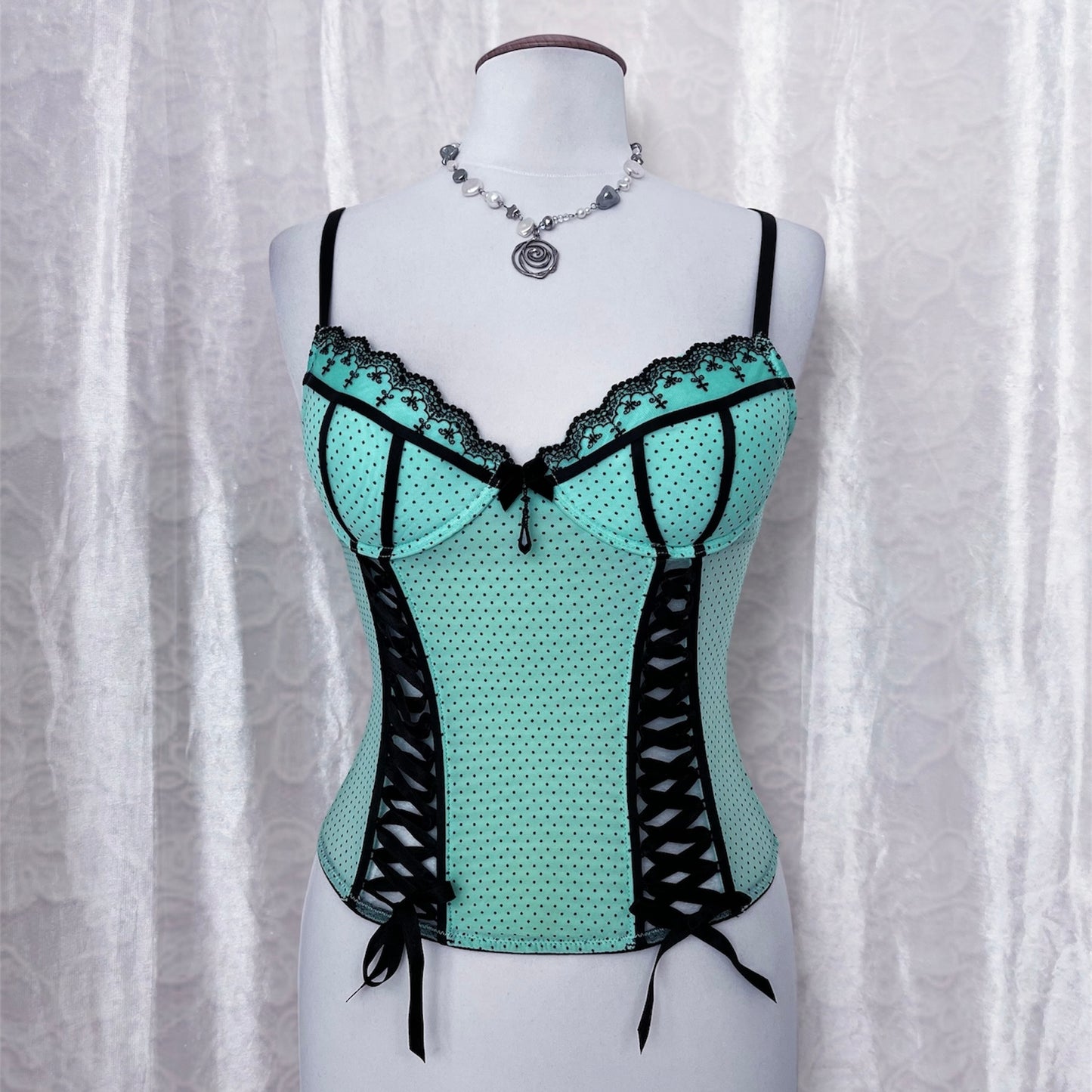 Iconic mint polka corset top with lace-up detail 🍵