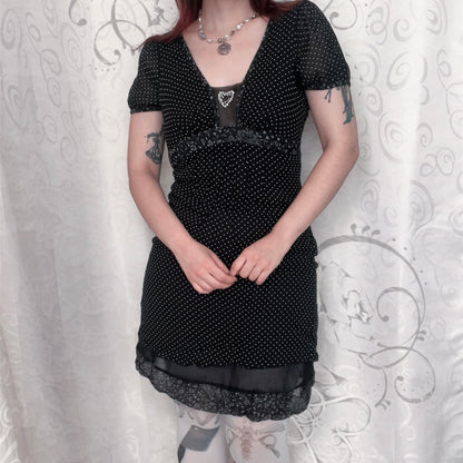 Dark coquette polka dot silk & viscose dress with heart bead detail 🎹🎶