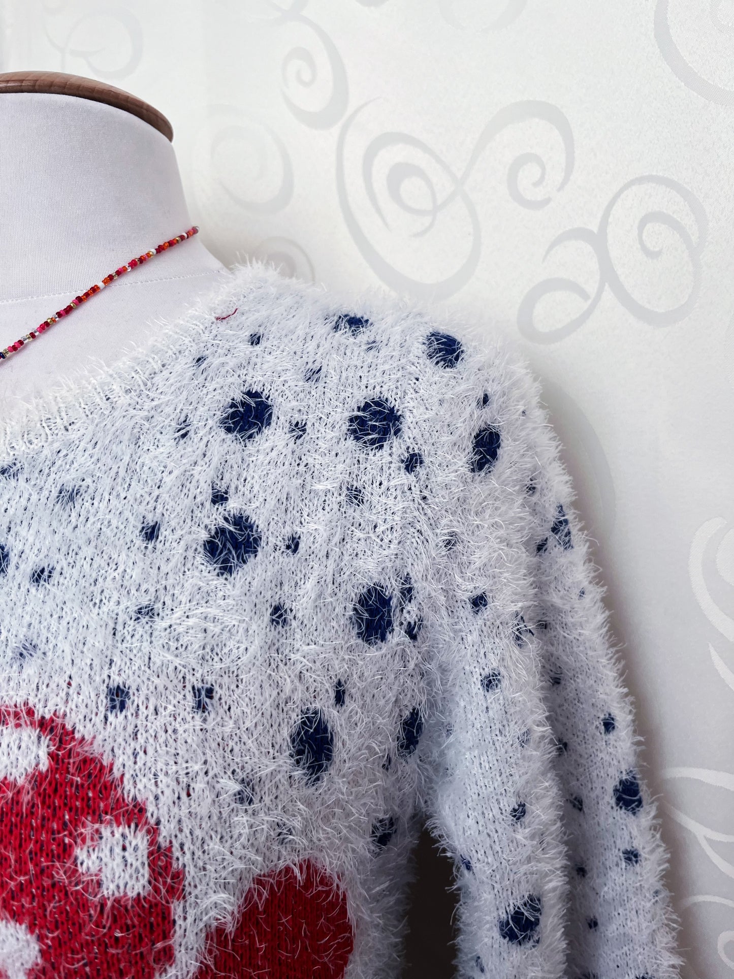 Cutest Twee faux fur polka sweater with little mushroom girl 🍄🍄‍🟫